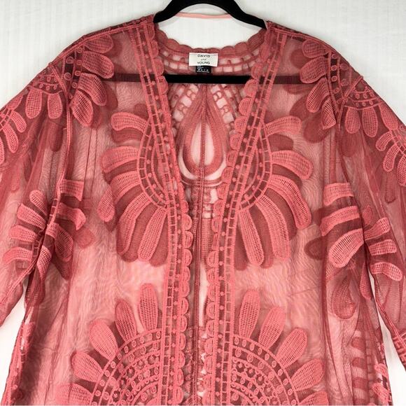 David And Young Elegant Rose Pink Floral Lace Duster Kimono Top Women’s One Size - Picture 4 of 5